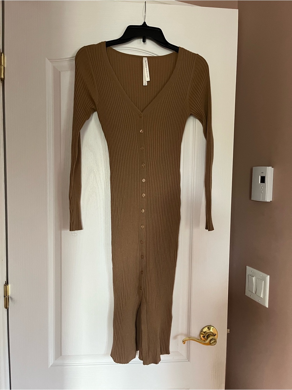Babaton Long-Sleeve Ribbed Button-Front Midi Dress in Camel